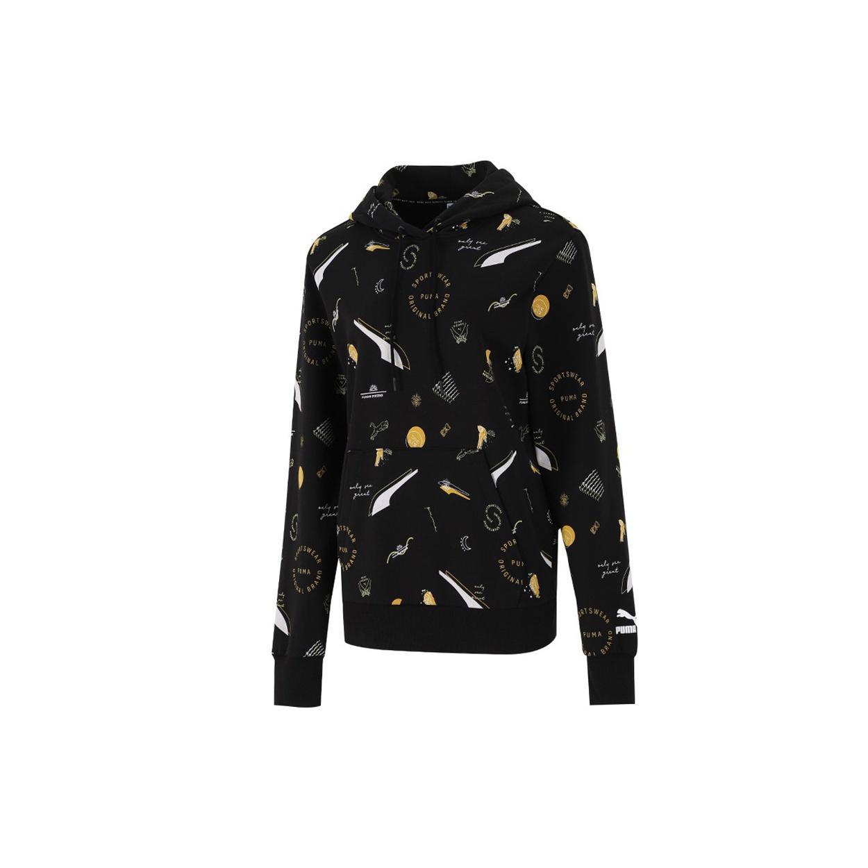 (WMNS) PUMA Casual Full Print Drawstring Loose Pullover Hoodie Black Women s 534466-01 S