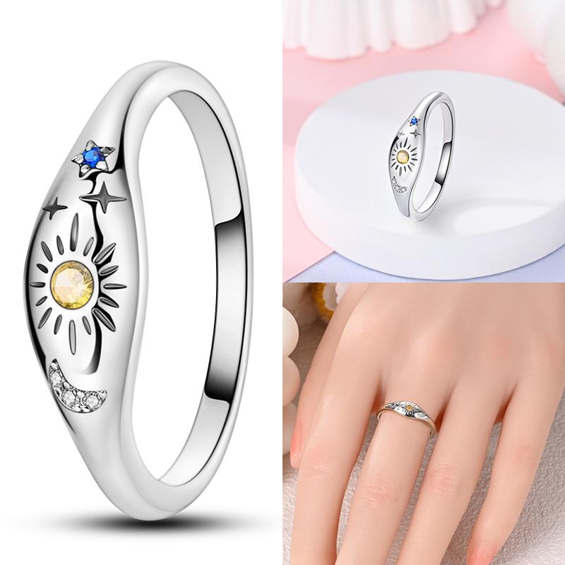 Popular Glow In The Dark Rings For Women 925 Silver Star Moon Sun Rings Sparkling Cubic Zircon Exquisite Jewelry Gifts