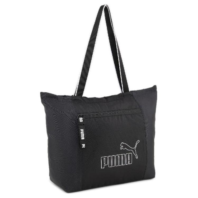 Puma Logo Print Front Zipper Pocket Fabric Shoulder Tote Bag Women bags Black 090639-01 Black