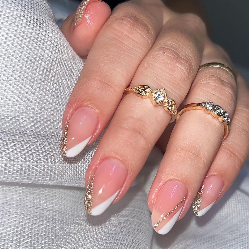 Short White Gold Glitter French Manicure Fake Nails