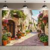2D Backdrop with Sunlit European Cobblestone Alley, Stone Houses & Colorful Flower Pots