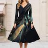 Women Plus Size V Neck Long Sleeve Rainbow Splash Printed Tie Waist A Line Midi Dress