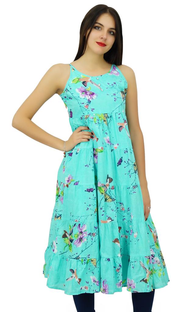 Bimba Women Print Cotton Dress Speghatti Strap Flaired Summer Beach Kurta Kurti Long Tunic Aqua