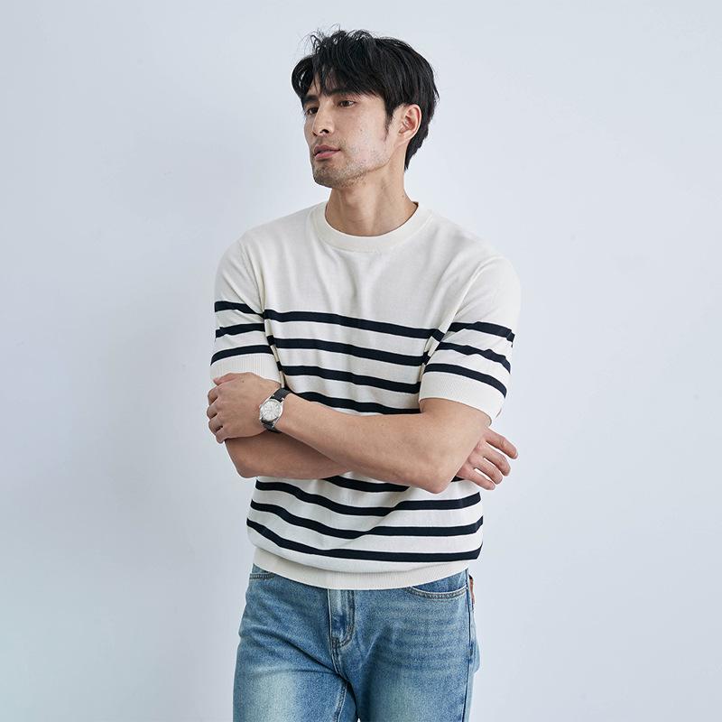 2024 Men's Striped Polo: Short-Sleeve, Versatile Round Neck Knit Shirt