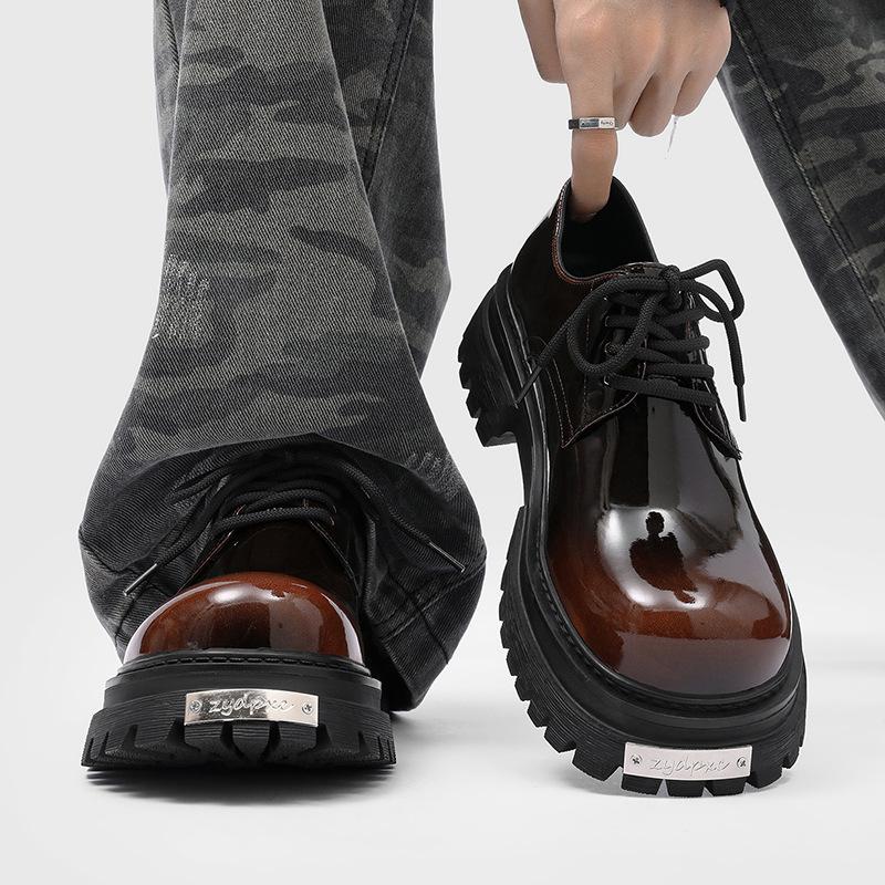 Fashion Men‘S Derby Boots Short Ankle Boots Patent Leather Chunky Sole Anti-Slip Comfortable British Style Luxury Casual Shoes