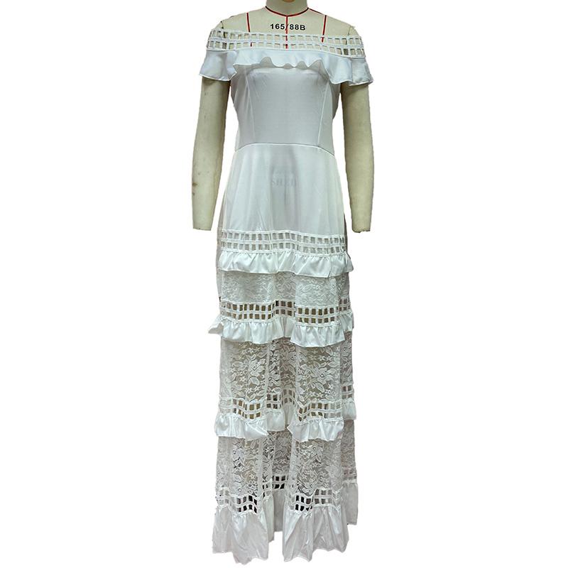 Cross-border Summer New European and American Foreign Trade Women's Dress Flounce Hollowed-out Lace Dress
