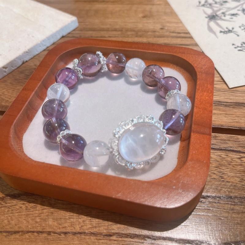 Natural Amethyst Bracelet With Large 11-12mm Clear Quartz Beads Pink Crystal Box Design Elegant Womens Gift Jewelry
