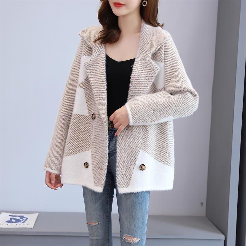Women's Mink Fleece Coat Thickened Contrasting Faux Mink Fleece Knitted Cardigan Coat Plush Knitted Jacket