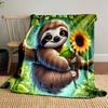 Cute Sloth with Sunflower In Forest Patterned Blanket, Flannel, Suitable for All Seasons, Home Decor, Warm and Cozy