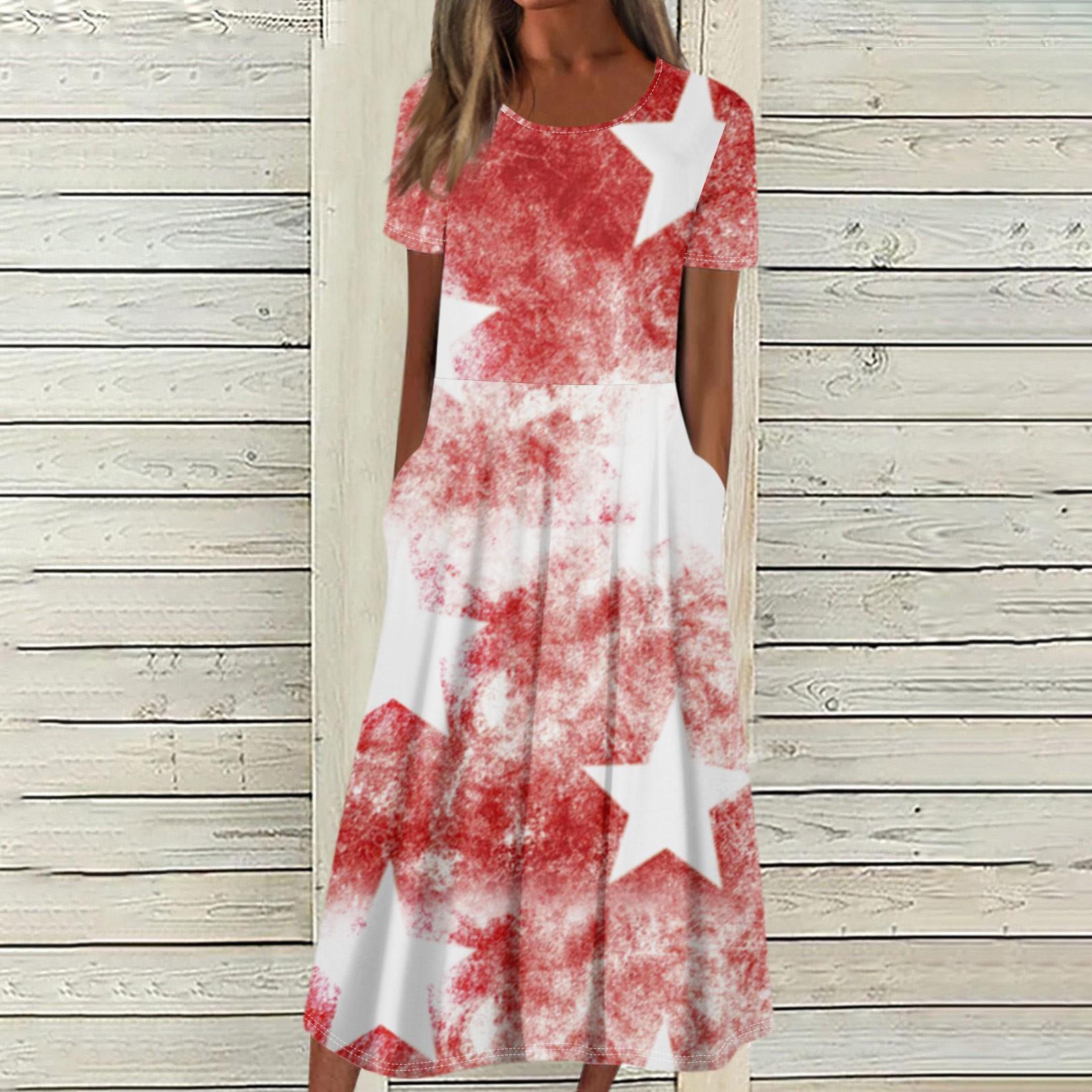 

Женское летнее повседневное модное платье с коротким рукавом и карманом на День независимости с коротким рукавом S киноварь