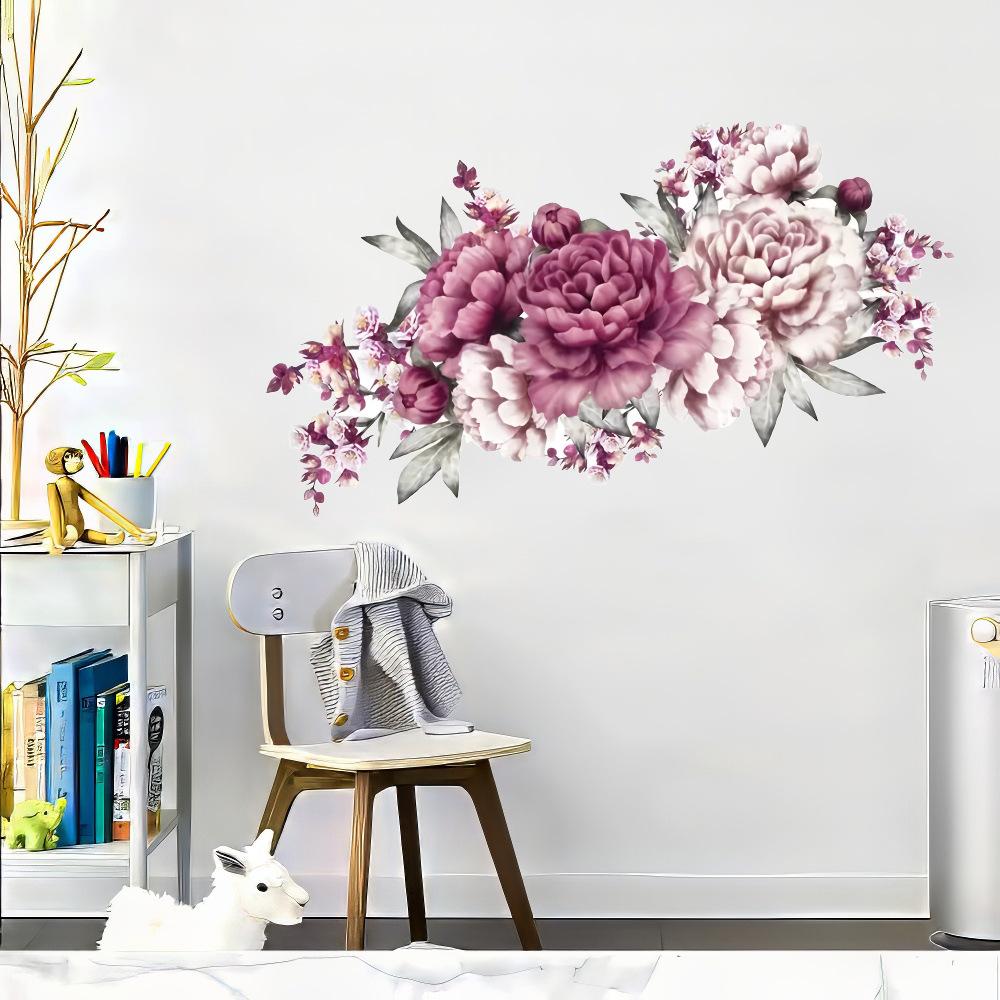 Self-adhesive PVC Wall Stickers Modern Peony Rose Watercolor Blooming Flowers for Living Room Decor