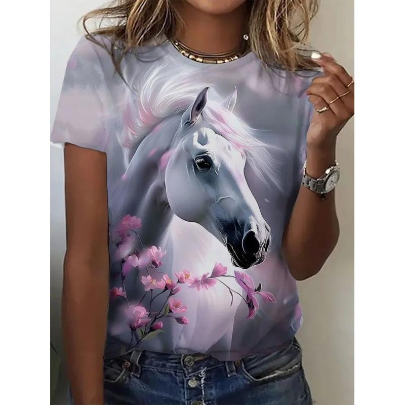 Summer Animal Horse Retro 3D Print T-Shirts Women Casual Short Sleeve T Shirt Streetwear Round Neck Tees Tops Female Clothing
