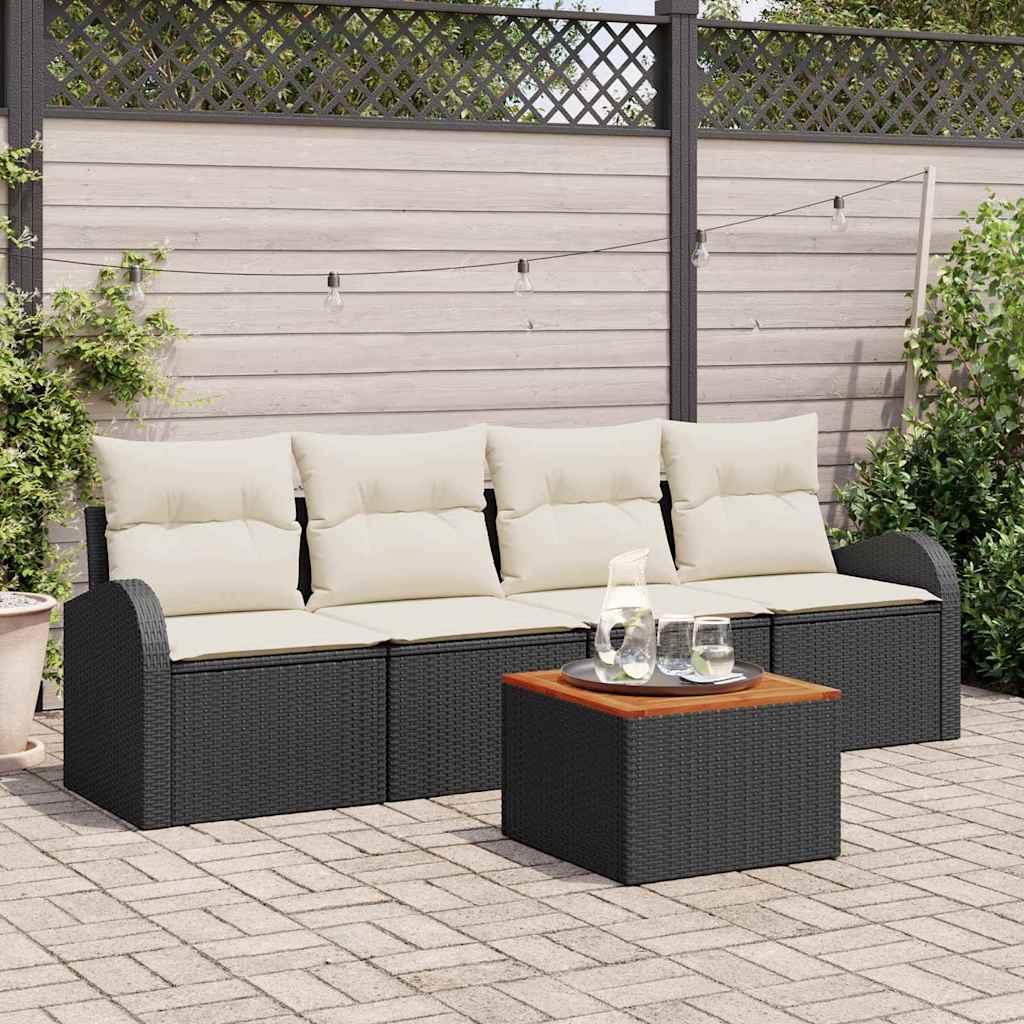 5 Piece Garden Sofa Set with Cushions Black Poly Rattan