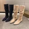 Fashion boots women's 2025 autumn and winter new suede retro thick heel high plush boots women's pleated pile long boots women