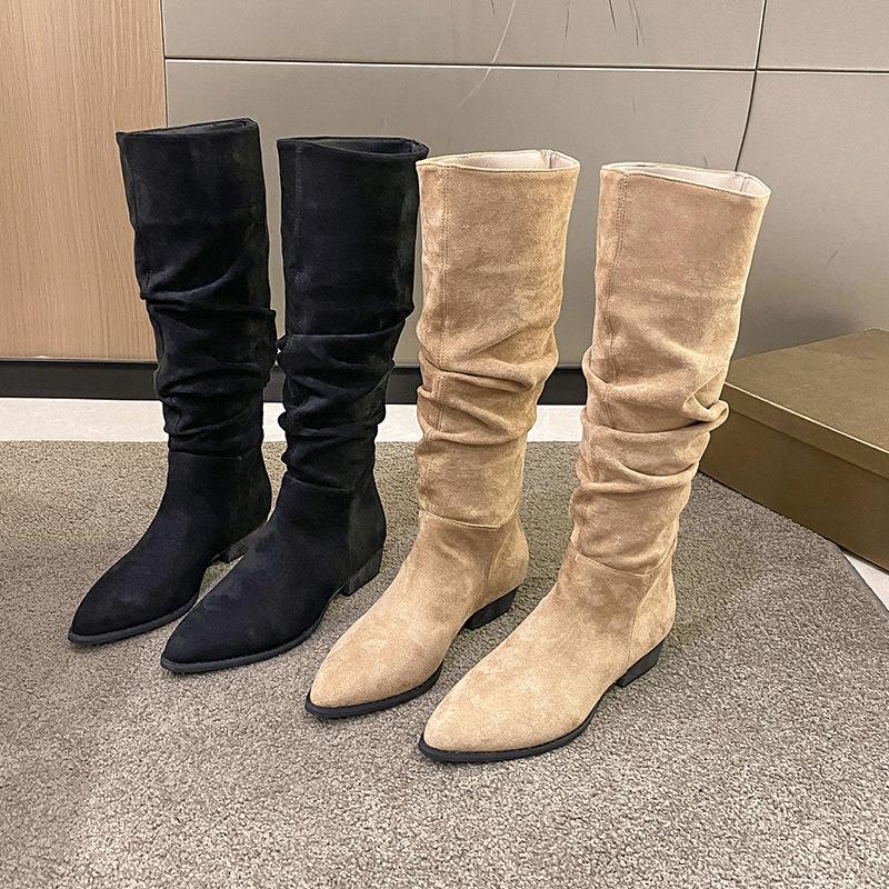 Fashion boots women's 2025 autumn and winter new suede retro thick heel high plush boots women's pleated pile long boots women