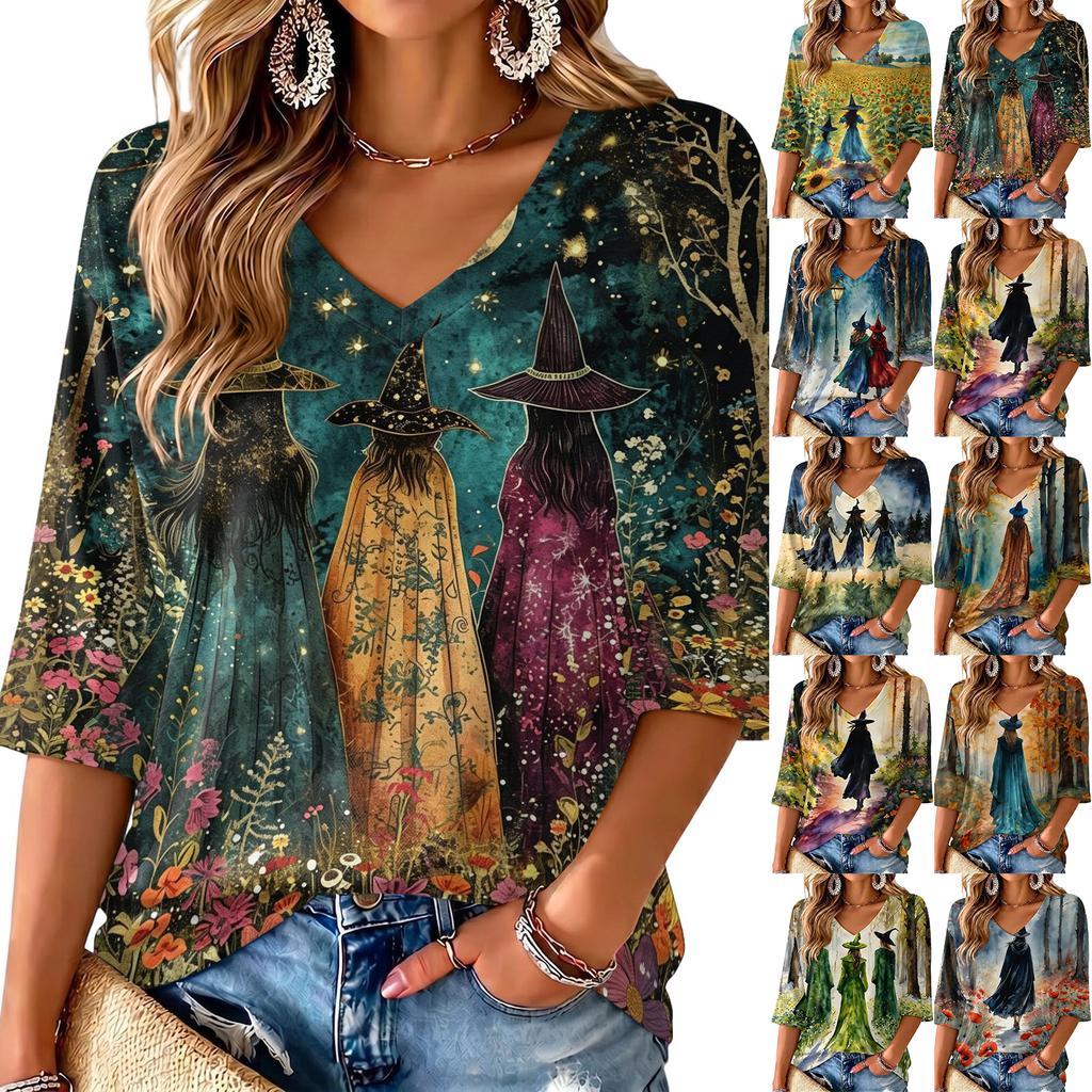 Women's V-Neck Halloween Print Lightweight Top for Spring and Summer