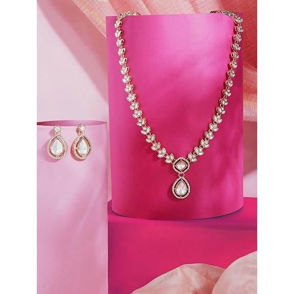 Gold Tone Dazzling Stones Austrian Diamonds Embellished Necklace & Earring Set For Women