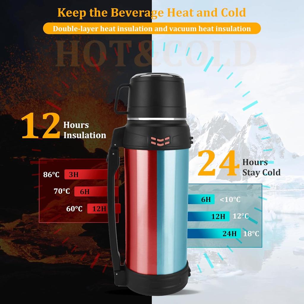 Vakuumisolierte Flasche - 2L Großes Fassungsvermögen Edelstahl Metall Wasserflasche für Heiße und Kalte Getränke, Thermoskanne mit BPA-freiem Becher, Tragbar