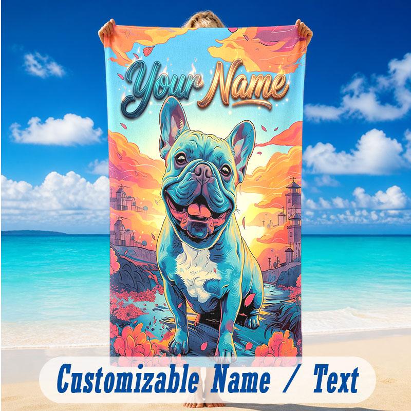 Dog Theme Beach Towel Personalized Custom Name & Text Soft Quick Dry Beach Towel for Swimming Travel