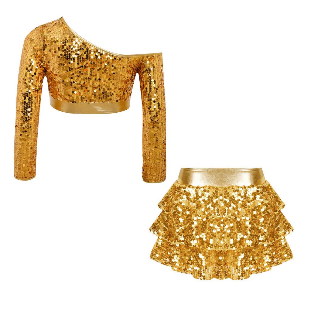 Conjunto de Top Corto Brillante con Lentejuelas, Manga Larga, de Un Hombro y Pantalones Culotte con Volantes en Capas para Niñas, Danza Jazz, Competición de Escenario