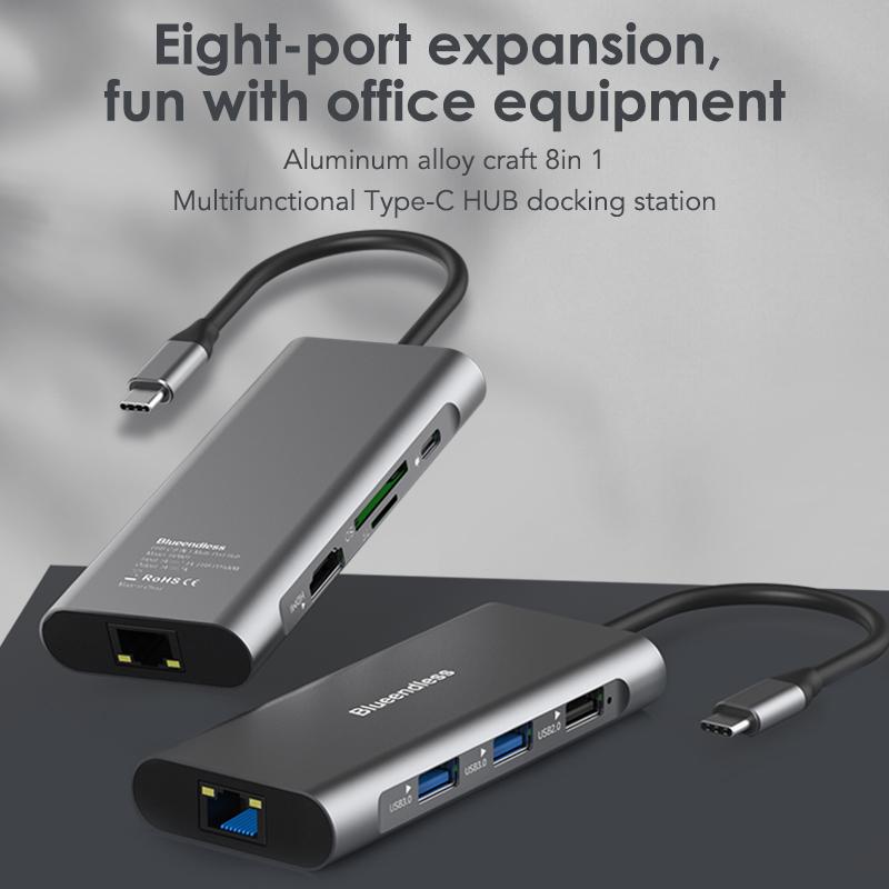 Type C Hub 8 In 1 USB Hub with 4K 30Hz HDTV Laptop Converter USB C Adapter USB 3.0 2.0 Ethernet Card Reader PD Charging Hub Dock