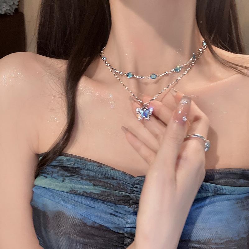 Romantic Blue Crystal Butterfly Necklace For Women Girls Simple Shiny Zircon Bilayer Choker Clavicle Chain New Fashion Jewelry