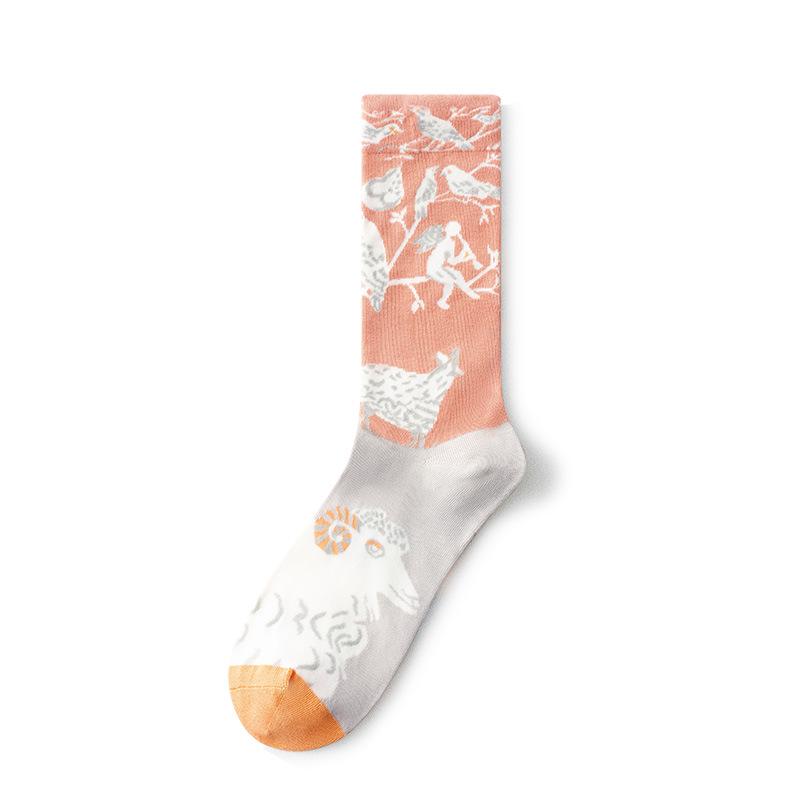 French Retro Abstract Oil Painting Mid-Calf Socks - Trendy Autumn/Winter High-Top Creative Combed Cotton for Women