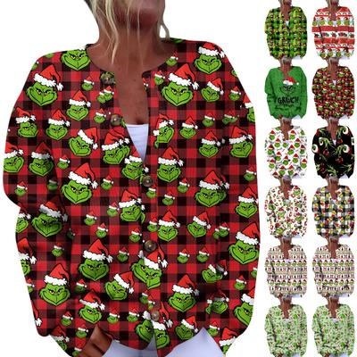 Women's Fashion Christmas Printed Long Sleeve Knitted Cardigan Button Down Jacket