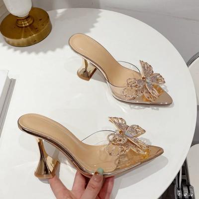 Maogu Damen Hausschuhe Sexy Spitzschuh Seltsame Absätze Transparente Pumps Sandalen Pantoletten Schuhe Damenmode Kristall Schleife Schuhe