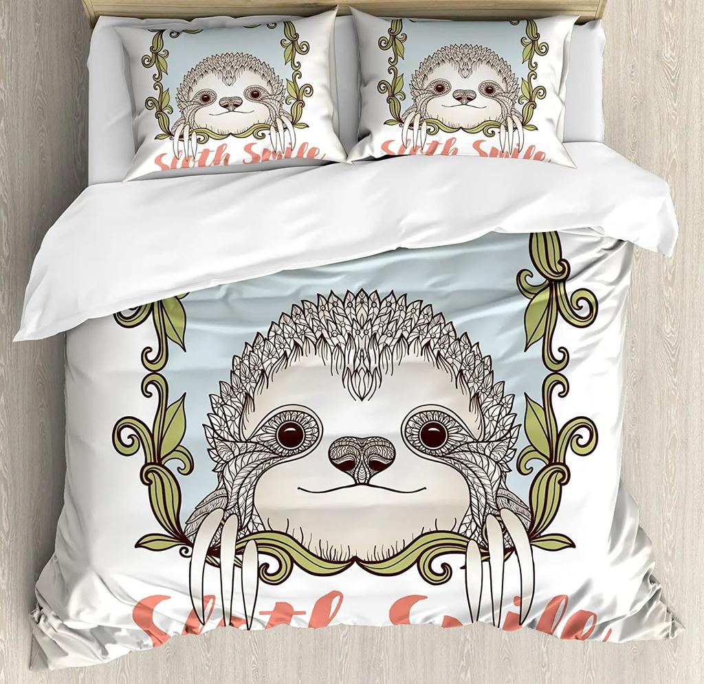 Sloth Bedding Set For Bedroom Bed Home Cartoon Mammal on Tropical Jungle with Green Banana Duvet Cover Quilt Cover Pillowcase