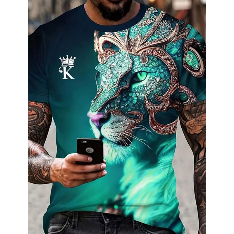 2026 Summer T shirt For Men Lion Graphics 3D Print Fashion Short Sleeve O-neck T-shirt Men's Clothing Casual t-shirts Streetwear