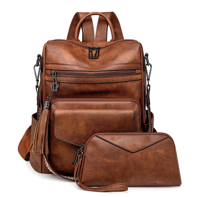 

Retro Fashion Women s Backpack 2pc Set Large Capacity Lady Designer Backpacks Double Color Fringed Back Pack Bags for Women