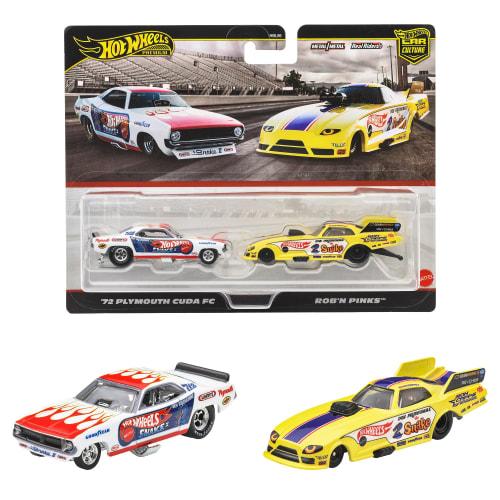 

Hot Wheels Premium 2-Pack 72 Plymouth Cuda FC/Rob n Pinks Vehicle Toy, Miniature Car, Ages 3+, Multi, JBL01