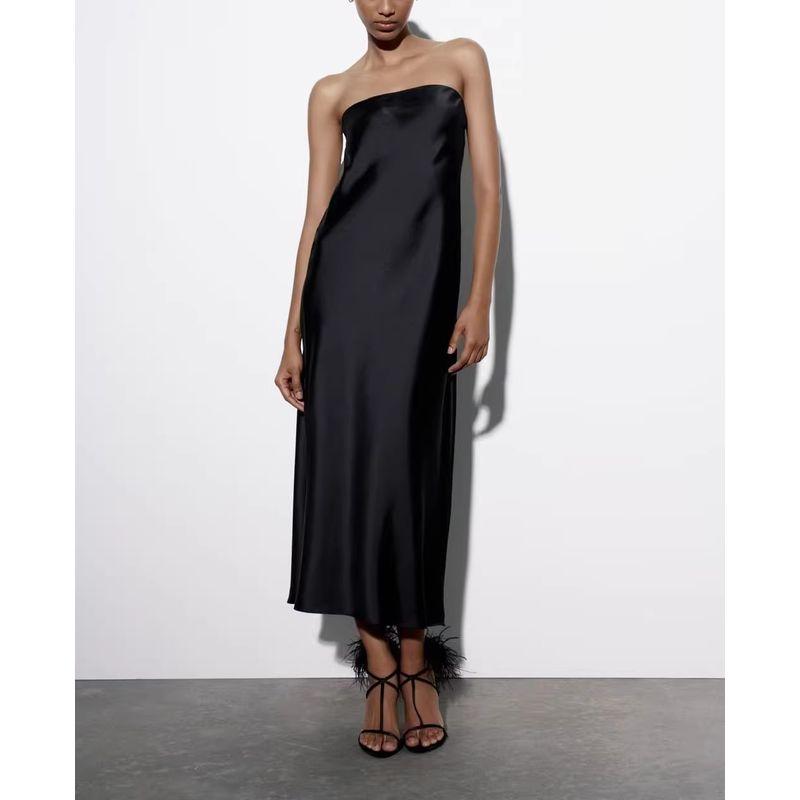 Summer French Suit Tube Top Silk Satin Texture Black Dress