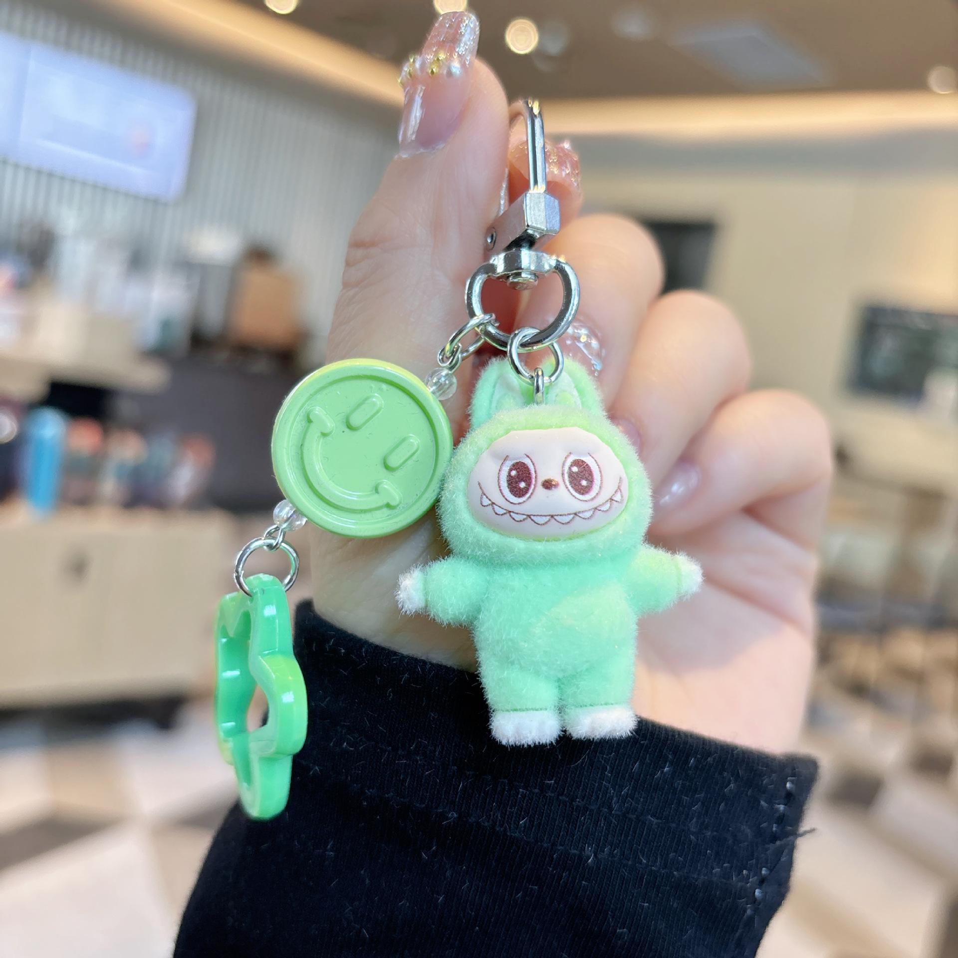 Creative Flocking Small Keychain Smiley Face Accessories Trendy Play Girl Bag Pendant Mobile Phone Small Lanyard зелёный