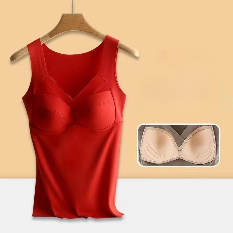 Winter Women's Velvet Thermal Vest Sleeveless Thermal Underwear with Bra Pads Sleeveless Bottoming Shirt Fleece Undershirt with Bra Pads