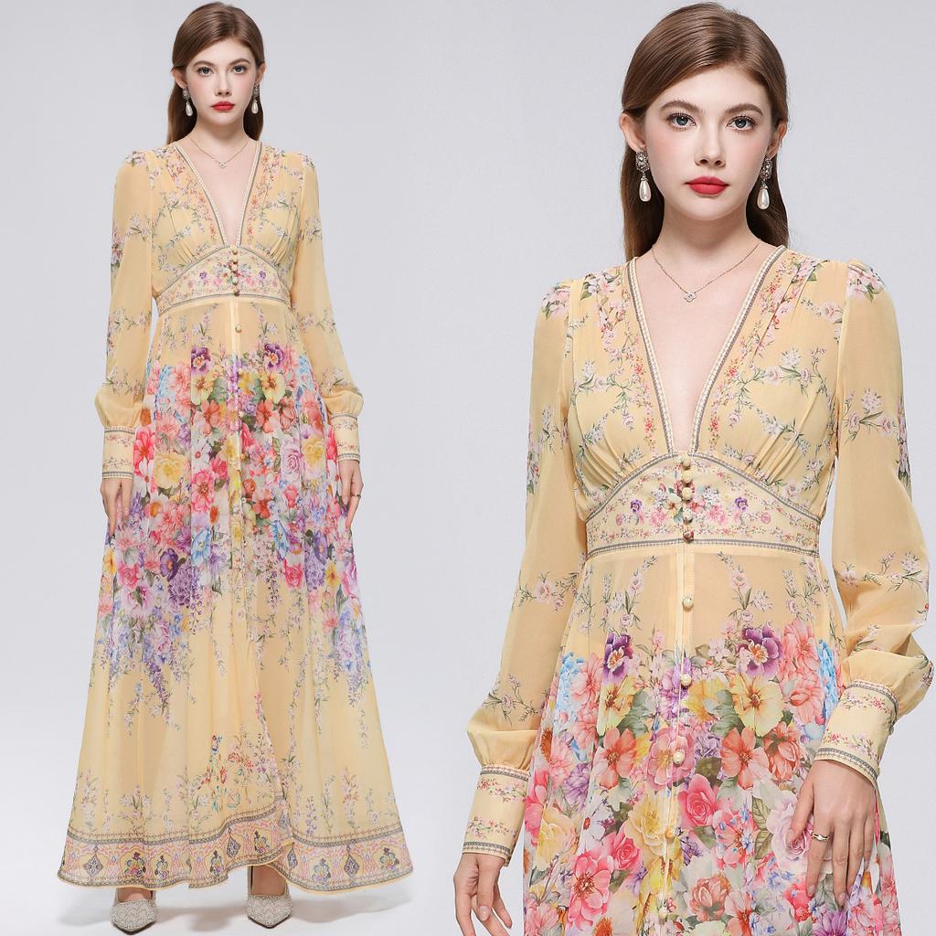 Summer Holiday Gorgeous Flower Beach Dress Women Deep V-Nek Long Sleeve Floral Print High Elastic Waist A-Line Maxi Dress