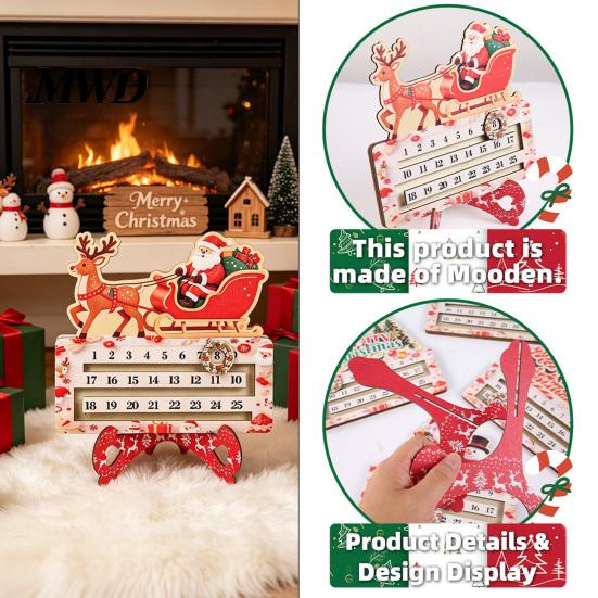 Creative Christmas Gift Wooden Countdown Calendar for Desk, Rustic Holiday Decoration with Reusable Sliding Date Marker, Living Room Fireplace