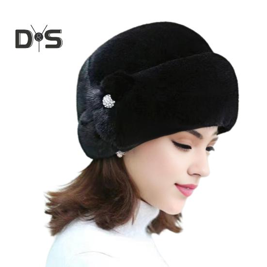 Mid-aged Women Winter Hat Thick Plush Faux Fur Heat Retention Windproof Solid Color Rhinestone Decor Outdoor Cycling Skiing Beanie
