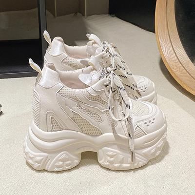 Mode 12CM Neue 2025 Herbst Atmungsaktiv Damen Chunky Sneaker Schnürung Keilabsatz Netzschuhe Dicke Sohlen Turnschuhe Hohe Plateau Freizeitschuhe