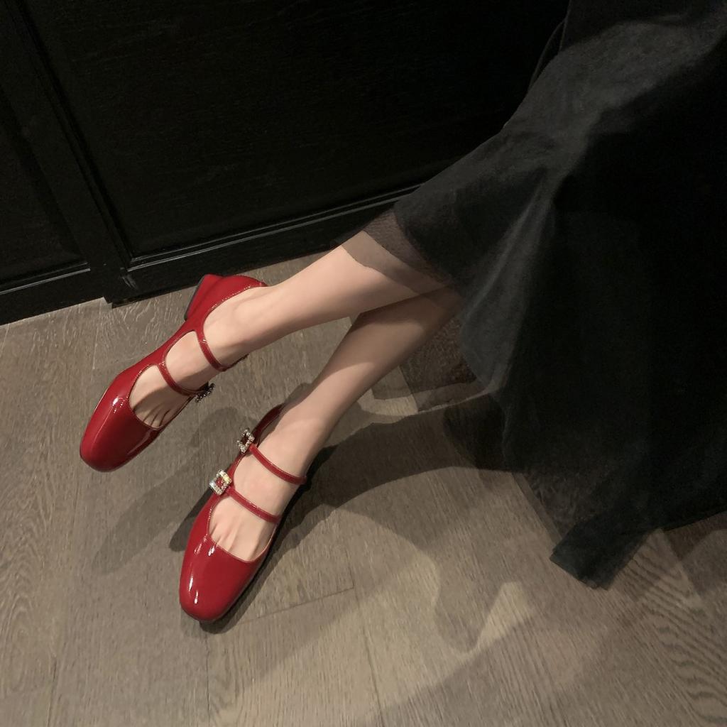The Same Square Head Leather Rhinestone Buckle with Thick Heel Mary Jane Single Shoes Women's Wedding Shoes Patent Leather Red Leather Shoes