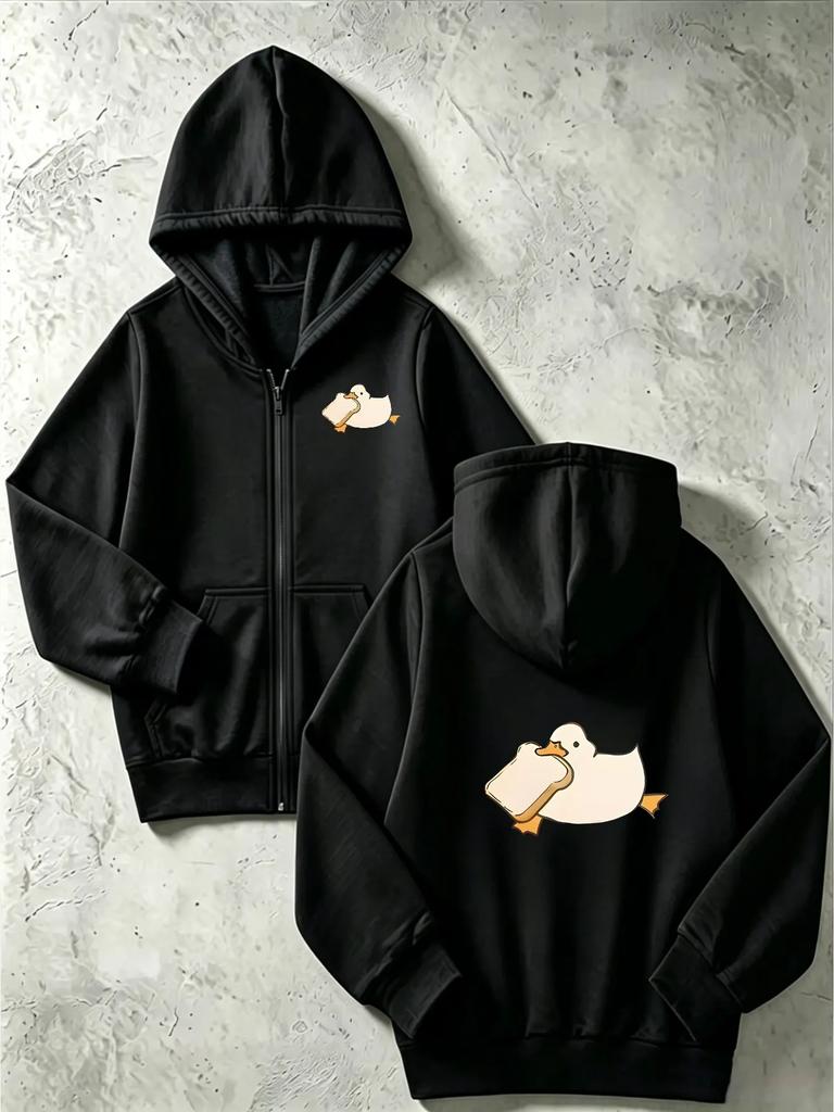 Kinder Kapuzenjacke mit Reißverschluss Niedliche Cartoon-Ente mit Toast Grafik Langarm Kapuzenpullover für Jungen Mädchen Tägliches Streetwear Outfit