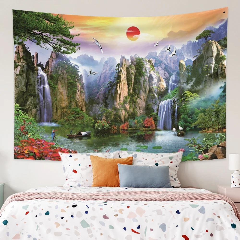 Lotus Forest Tapestry Bohemian Bedroom Waterfall Pattern Background Cloth Home Decor Living Room Wall Hanging Cloth