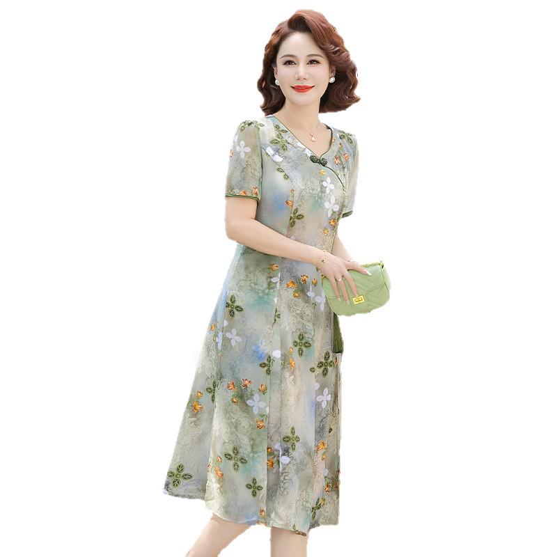 Elegant Mid-Length Chinese Style Qipao Dress for Mother's Wear - Slimming High-End Summer Attire for Middle-Aged and Older Women