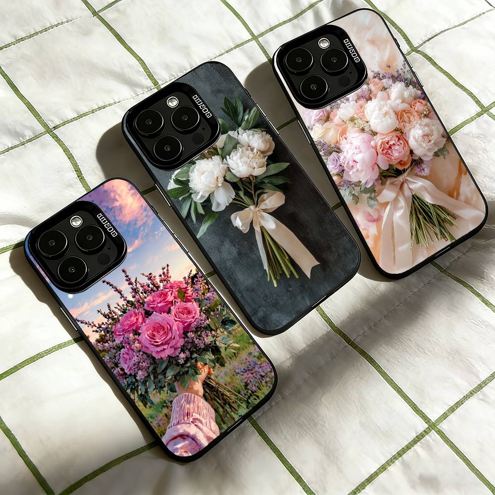 Elegant Peony F-Flower Phone Case For iPhone 17,16,15,14,13,12,11 Plus,Pro Max,XS,Colorful Silver Black Cover