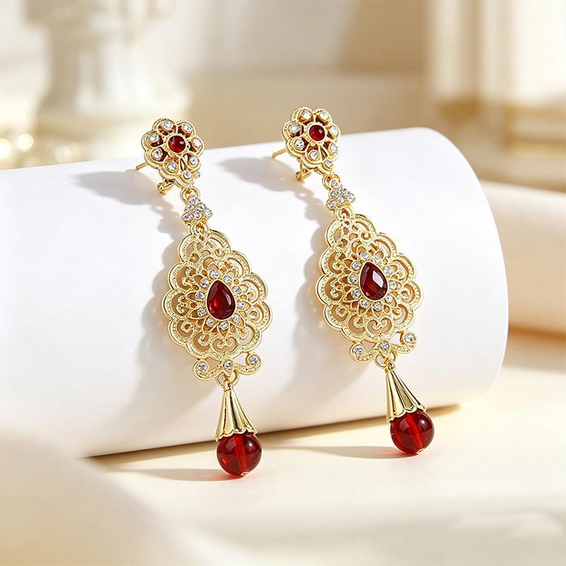 1Pair Arab Earrings Elegant Moroccan Style For Women Gold Plated Multicolor Rhinestones Drop Wedding Jewelry Valentines Gift