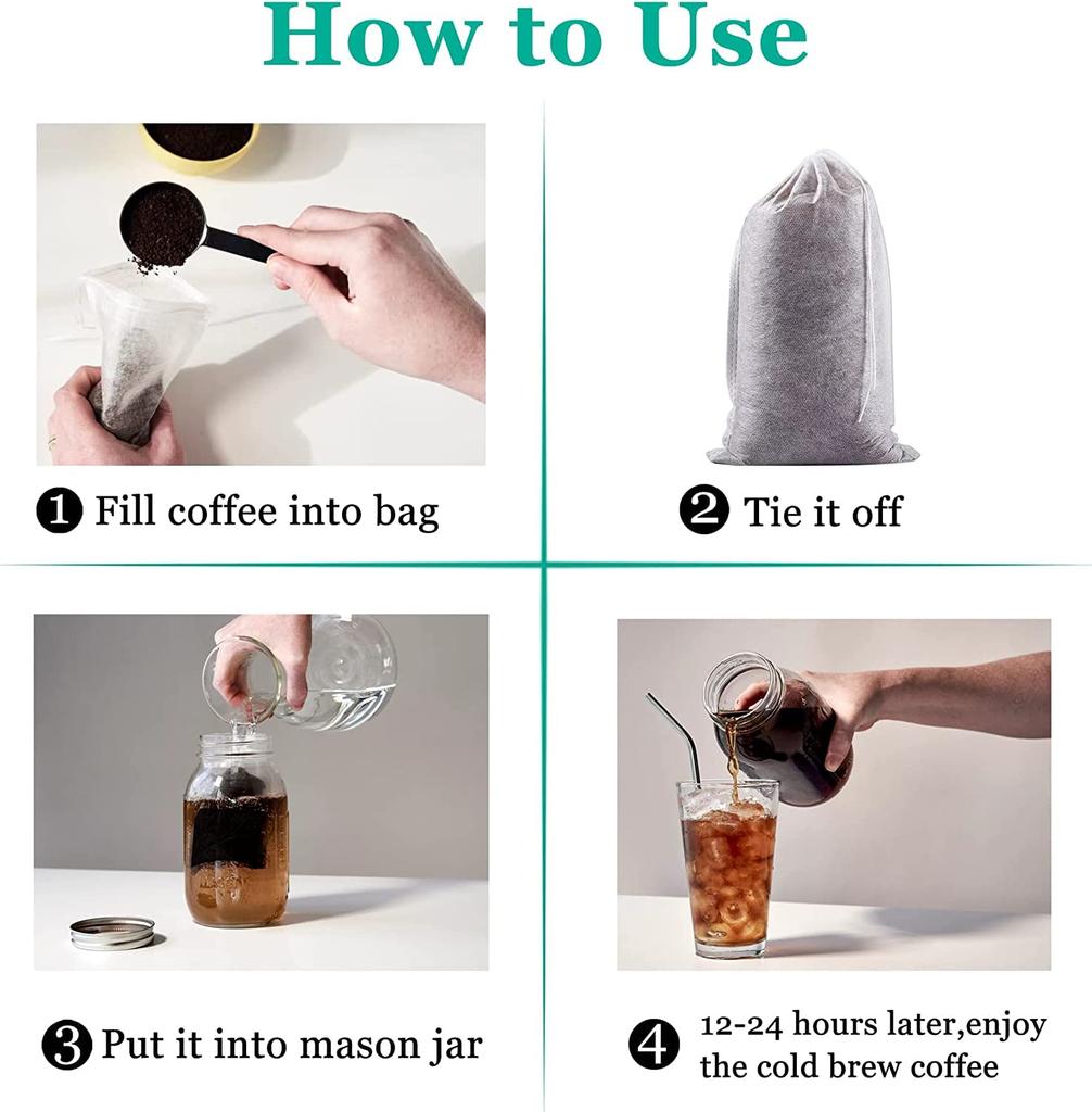 Yzurbu Cold Brew Coffee Bags, 100 Count, 6" X 8" Mess-Free Disposable Filter Bags with Drawstring for Coffee Grounds & Iced Tea