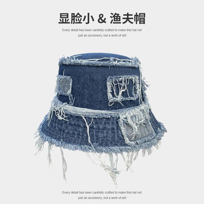 Niche design denim bucket hat spring and autumn versatile edging splicing sun hat showing face small sun protection hat