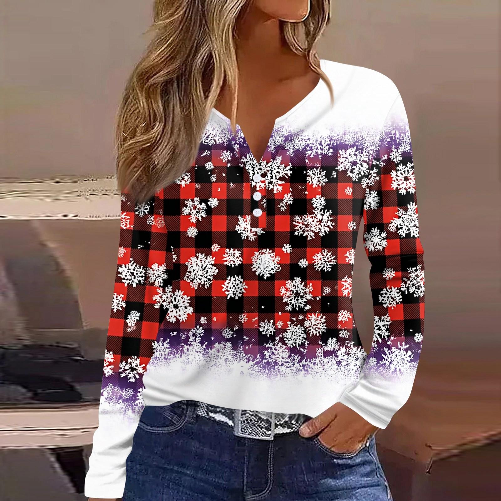 

Женская футболка Футболка Рождественский принт Пуговица Длинный рукав Туника Повседневная Мода для выходных Базовая С V-образным вырезом Обычный топ XXL