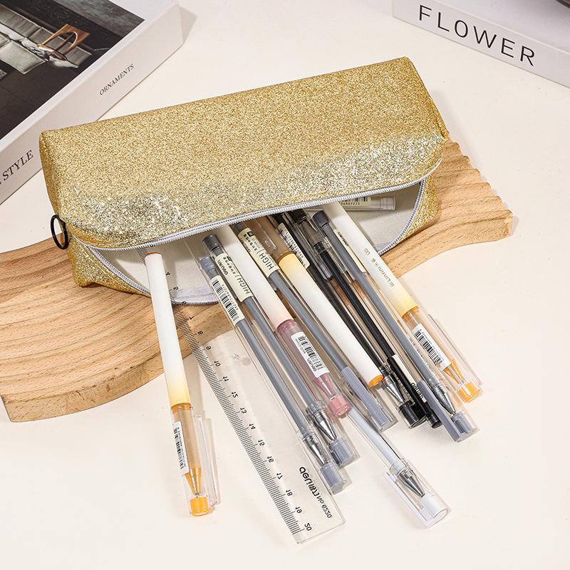 Large Capacity Glitter PU Pencil Case Water Resistant Student School Stationery Organizer